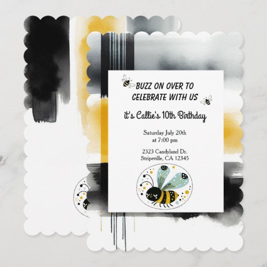 Sleepy Whimsical Bee verjaardagsfeestje uitnodigin Kaart (Voorkant / Achterkant)