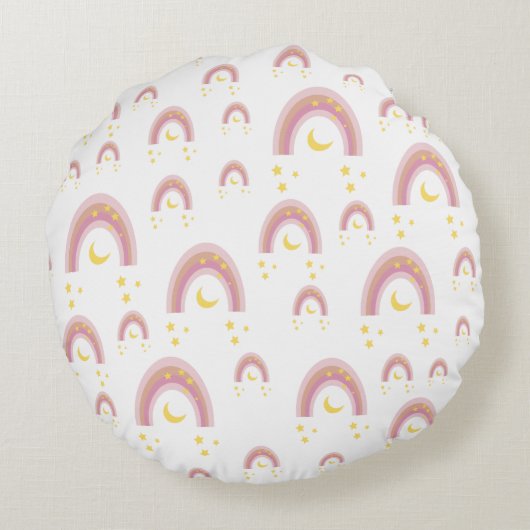 'Sleepytime Rainbow', Meisjes Schattige Boho Pink  Rond Kussen (Achterkant)