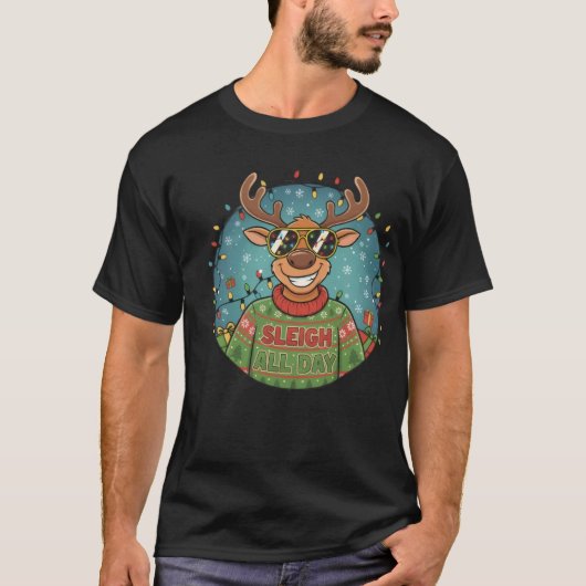 "Sleigh All Day" Rendier met Zonnebril T-Shirt (Voorkant)