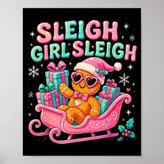 Sleigh Girl Cute Gingerbread Christmas Art  Poster (Voorkant)