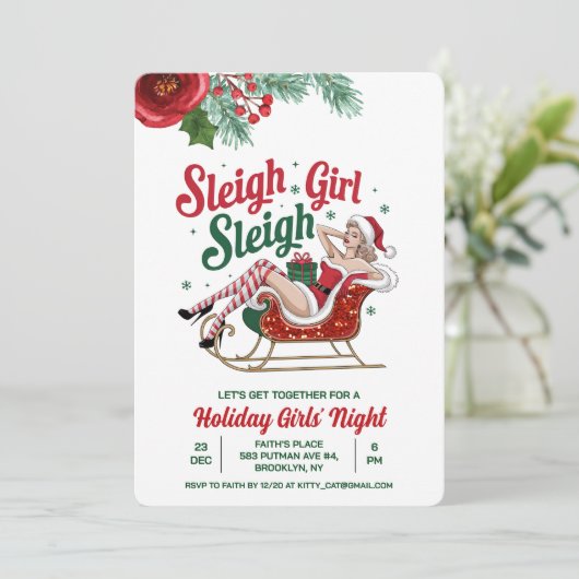 Sleigh Girl Sleigh Vakantie Kerstuitnodiging Kaart (Staand voorkant)