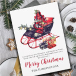Sleigh Merry Christmas<br><div class="desc">Een geïnspireerde waterverf kerstslee gestapeld met geschenken, getrimd met hulst- en jingle-bellen en bestrooid met sneeuwvlokken op puur wit. Prettige feestdagen Bewerk het korte vers, de vrolijke kerstgroet (schakel over naar de begroetingen van het seizoen of verwijder) en de familienaam om het van jou te maken. Nostalgische styling met veel...</div>