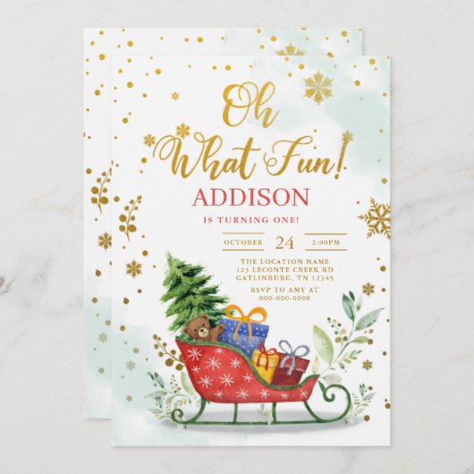 Sleigh Oh What Fun Winter 1e verjaardag Uitnodigin Kaart (Voorkant / Achterkant)