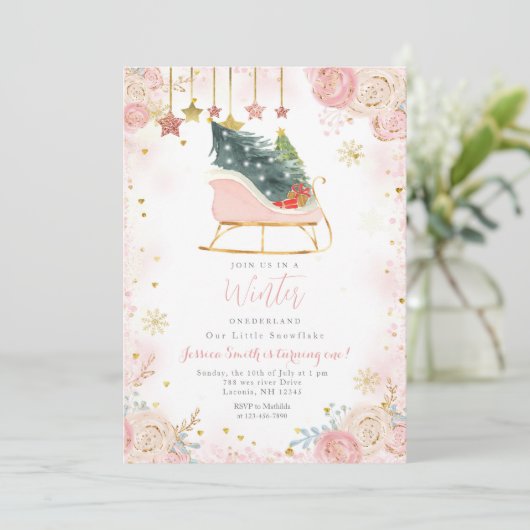 Sleigh Winter Onederland 1e verjaardag uitnodiging (Staand voorkant)