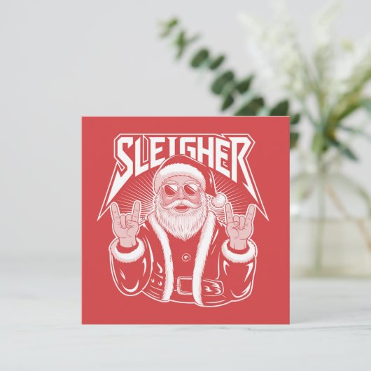 Sleighende Kerstman Grappig Metalen Kerst Rock  Feestdagenkaart (Staand voorkant)