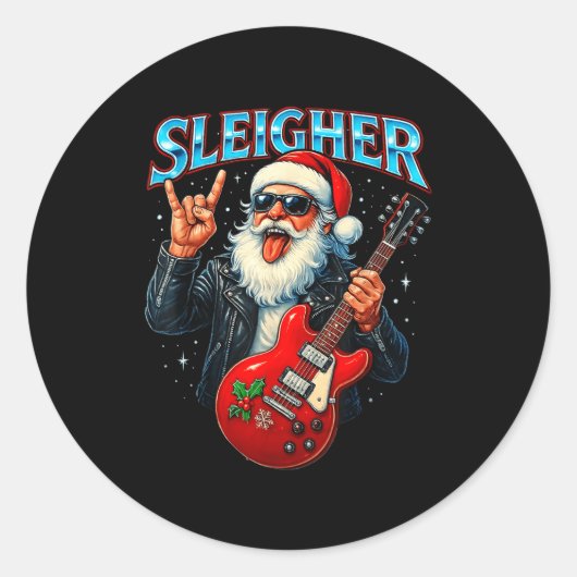 Sleigher Rock Santa Funny Metal Christmas Design Ronde Sticker (Voorkant)