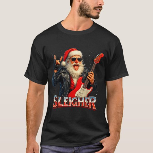 Sleigher Rock Santa Funny Metal Christmas Design  T-shirt (Voorkant)