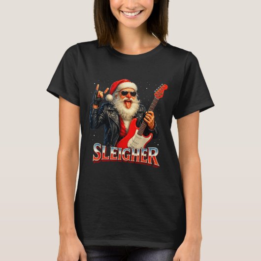 Sleigher Rock Santa Funny Metal Christmas Design T-shirt (Voorkant)