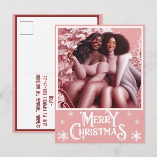 Sleighin' Sisters Feestelijk Lachen Pastel Roze Feestdagenkaart (Voorkant / Achterkant)