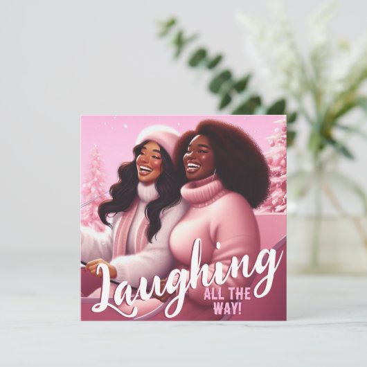 Sleighin' Sisters Feestelijk Lachen Pastel Roze Feestdagenkaart (Staand voorkant)