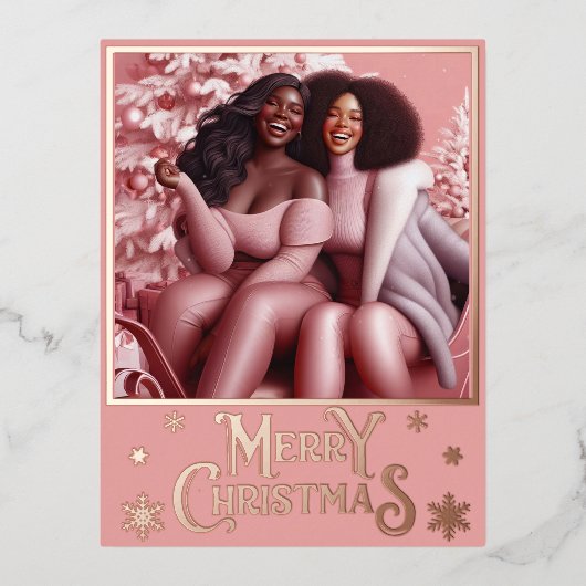 Sleighin' Sisters Feestelijk Lachen Pastel Roze Folie Feestdagen Briefkaart (Voorkant)