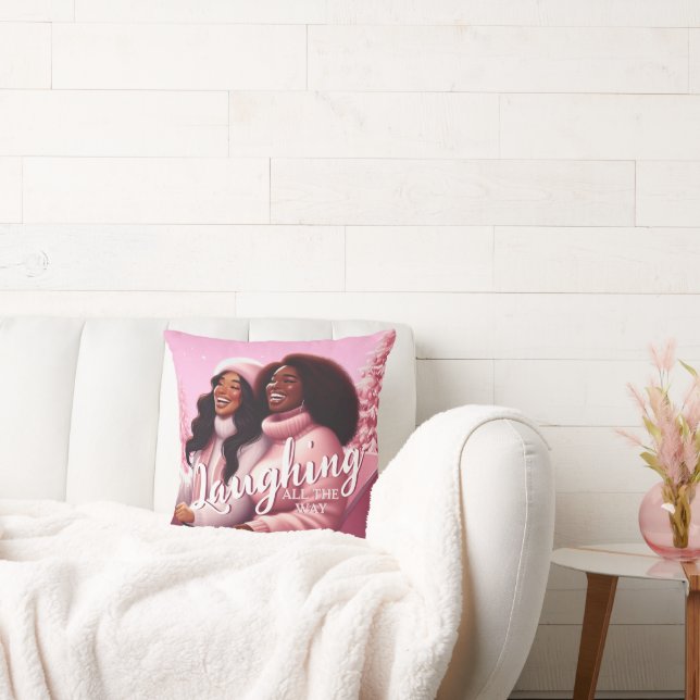 Sleighin' Sisters Feestelijk Lachen Pastel Roze Kussen (Bank)