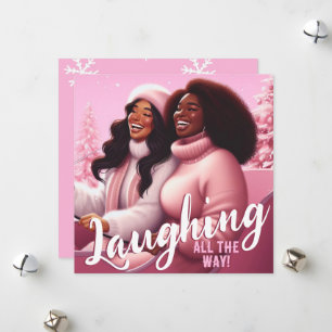 Sleighin' Sisters Feestelijke Lach Pastel Roze Feestdagenkaart