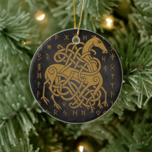 Sleipnir, Gouden Noorse Paard met Runen Symbool Keramisch Ornament