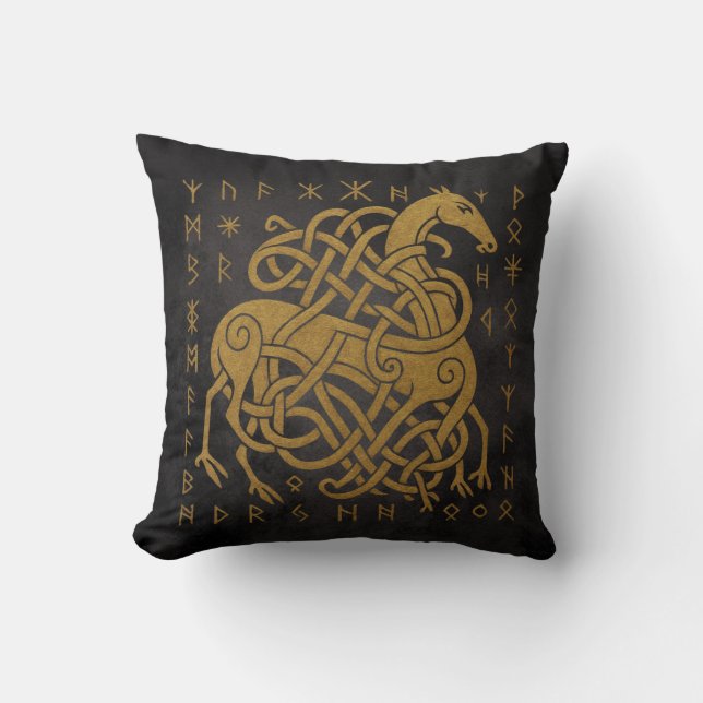 Sleipnir, Gouden Noorse Paard met Runen Symbool Kussen (Voorkant)