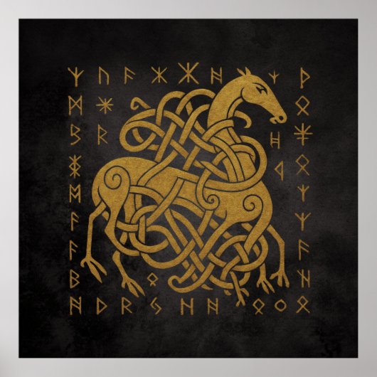 Sleipnir, Gouden Noorse Paard met Runen Symbool Poster (Voorkant)