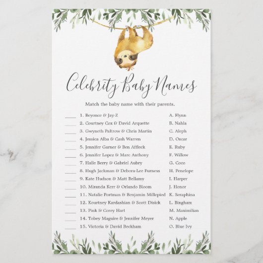 Sleuf Baby shower Celebrity Baby Names Game (Voorkant)