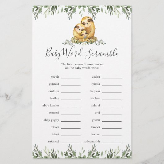Sleuf Baby shower Word Scramble Game (Voorkant)