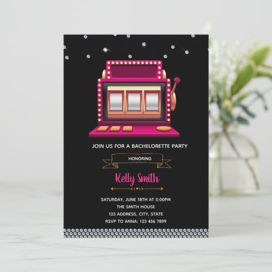 Sleuf machine vrijgezellenfeest partijuitnodiging kaart (Staand voorkant)