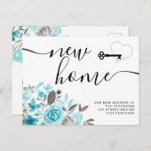 Sleutel blauwgroen bloemen waterverf nieuwe huis h aankondigingskaart (Voorkant / Achterkant)