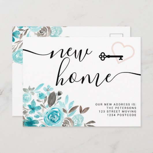 Sleutel blauwgroen bloemen waterverf nieuwe huis h aankondigingskaart (Voorkant / Achterkant)