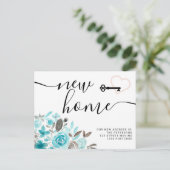 Sleutel blauwgroen bloemen waterverf nieuwe huis h aankondigingskaart (Staand voorkant)