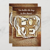 Sleutel voor haar Heart Rustic Burlap Wedding Invi Kaart (Voorkant / Achterkant)