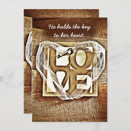 Sleutel voor haar Heart Rustic Burlap Wedding Invi Kaart (Voorkant / Achterkant)