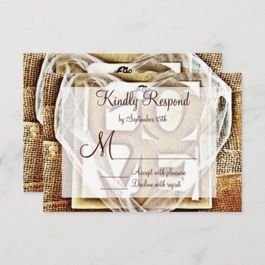 Sleutel voor haar Heart Rustic Burlap Wedding RSVP (Voorkant / Achterkant)