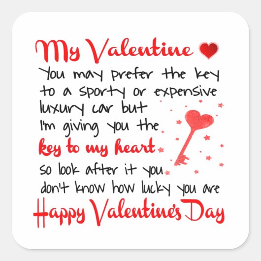 Sleutel voor mijn Valentijnsdag Cadeau Vierkante Sticker (Voorkant)