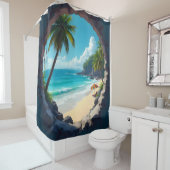 Sleutelgat uitzicht van de zon spatten strand en d douchegordijn (In situ)