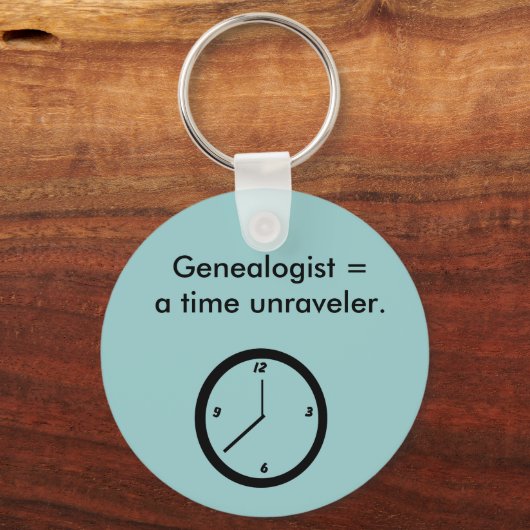 Sleutelhanger - genealogist = een tijdslopper. (Voorkant)
