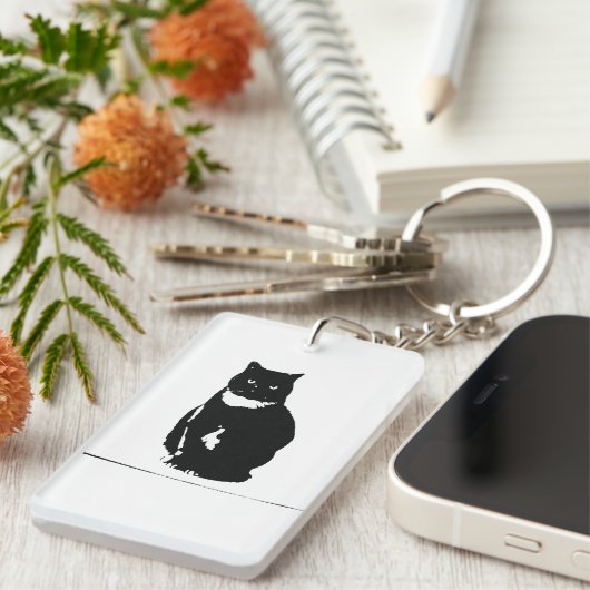 Sleutelhanger - gestileerde tuxedo zwarte kat met  (Voorkant Rechts)