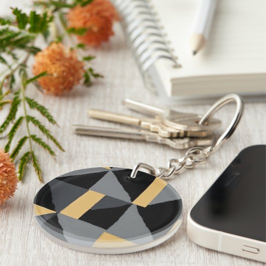 Sleutelhanger in Acryl – Geometrie Zwart en Goud (Voorkant Rechts)