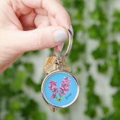 Sleutelhanger - Lila bloesems met naam op blauw (Hand)