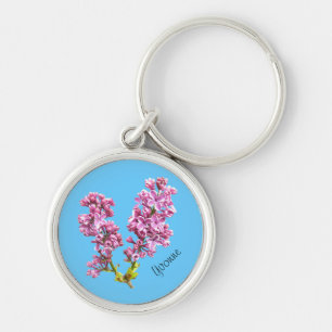 Sleutelhanger - Lila bloesems met naam op blauw