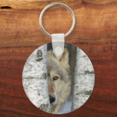 Sleutelhanger met foto van grijze wolf in berkenbo (Voorkant)