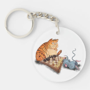 Sleutelhanger met kat en muis die schaken spelen