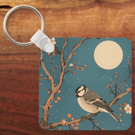 Sleutelhanger Moonlit Bird on Blossom Branch (Voorkant)
