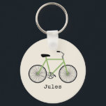 Sleutelhanger voor groene fiets<br><div class="desc">Een sleutelhanger met een afbeelding van een groene fiets. Personaliseer met jouw naam onder de fiets.</div>