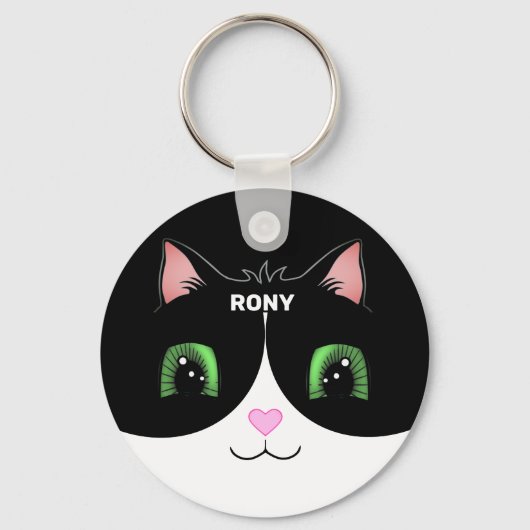 Sleutelhanger voor zwarte & witte Tuxedo Cat Happy (Voorkant)