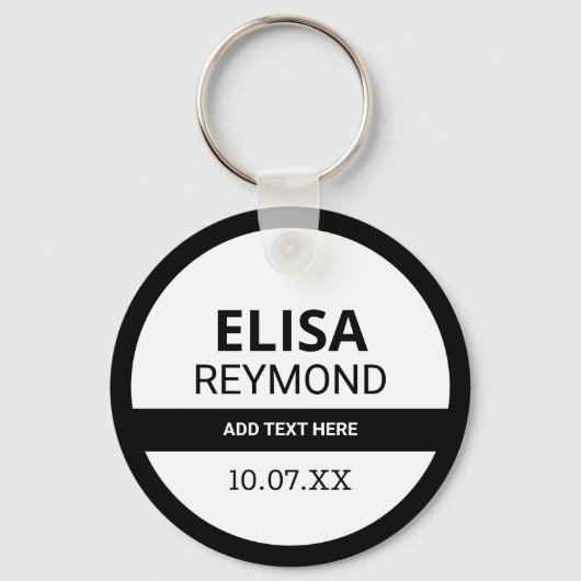 sleutelhouder met naam en datum op zwart-wit sleutelhanger (Voorkant)