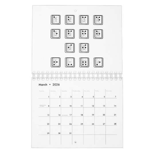 Sleutelnummers van de braille-computer kalender (Mar 2026)