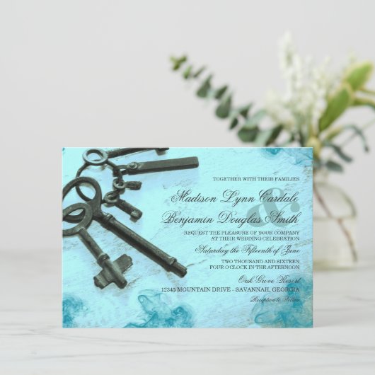 Sleutels voor haar  Aqua Wedding Invitaties Kaart (Staand voorkant)