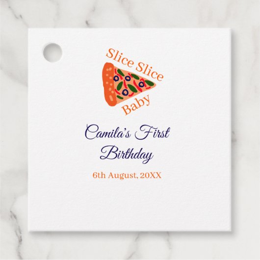 Slice baby pizza bruin blauw 1e verjaardag bedankjes labels (Voorkant)