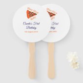 Slice baby pizza bruin blauw 1e verjaardag handwaaier (Voorkant en achterkant)