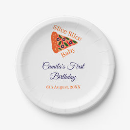 Slice baby pizza bruin blauw 1e verjaardag papieren bordje