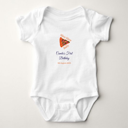 Slice baby pizza bruin blauw 1e verjaardag romper (Voorkant)