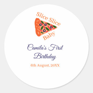 Slice baby pizza bruin blauw 1e verjaardag ronde sticker