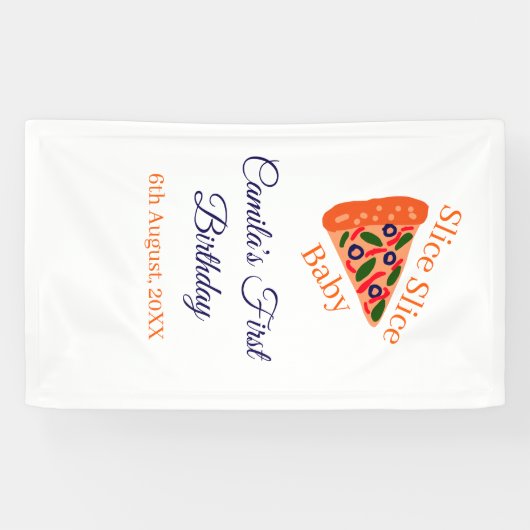 Slice baby pizza bruin blauw 1e verjaardag spandoek (Horizontaal)